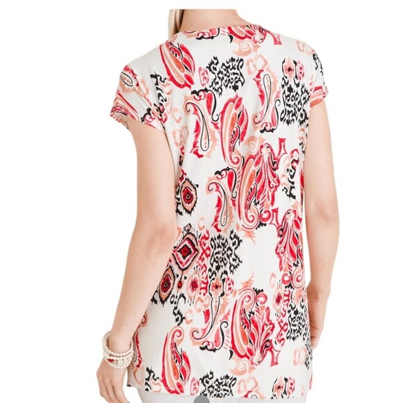 Chico’s Tunic Top Women’s 2 Paisley Ikat Stretch Knit Cap Sleeve Boho Blouse - Picture 9 of 15